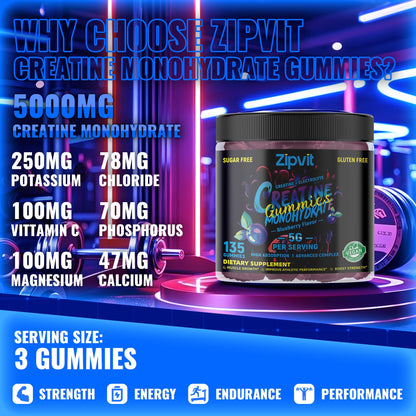 Zipvit Creatine Monohydrate Gummies (5g) – Pre-Workout Energy & Muscle Growth Support for Men & Women | Blueberry Electrolyte Gummies 135 Count