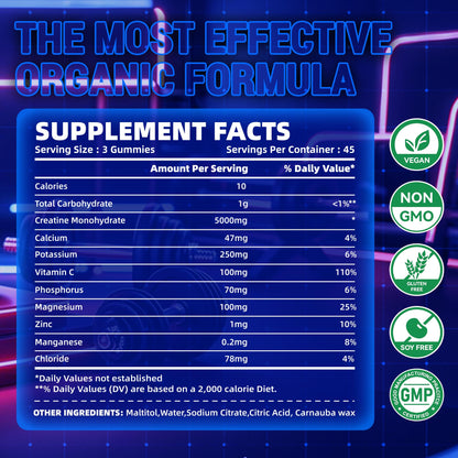 Zipvit Creatine Monohydrate Gummies (5g) – Pre-Workout Energy & Muscle Growth Support for Men & Women | Blueberry Electrolyte Gummies 135 Count
