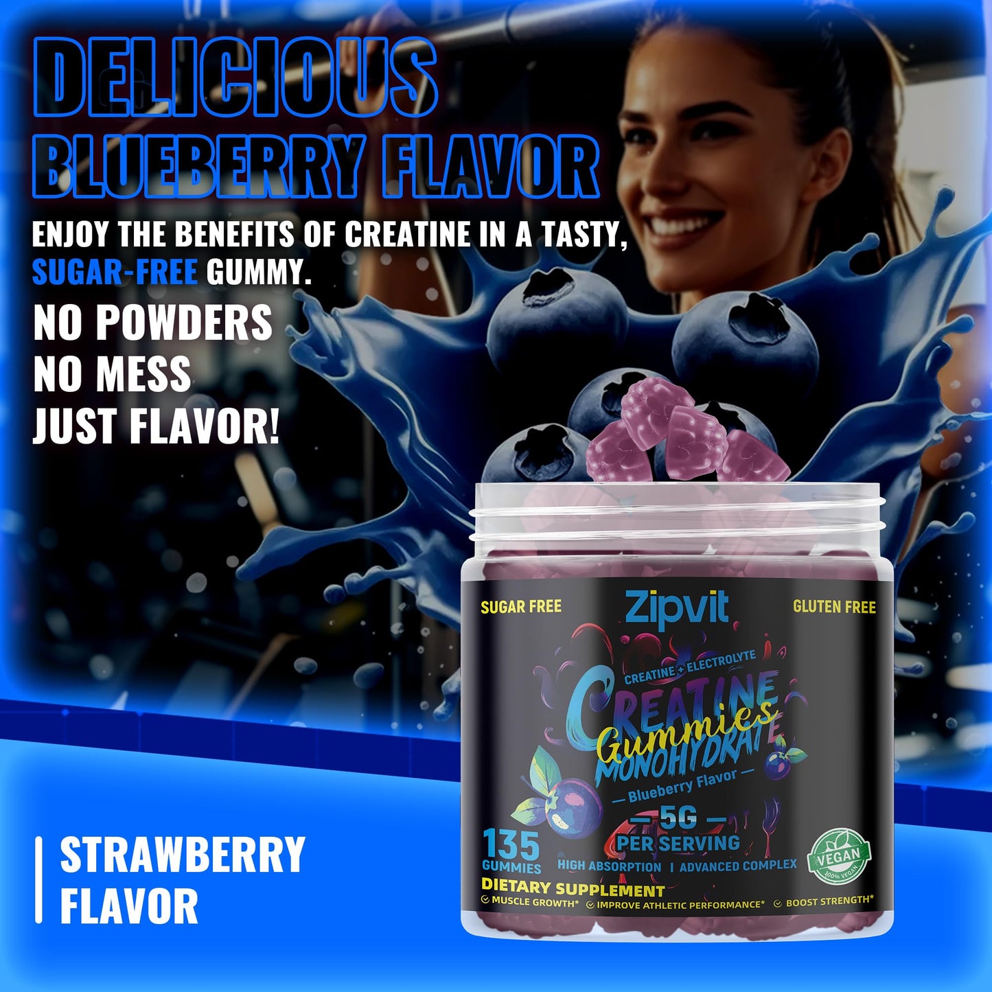 Zipvit Creatine Monohydrate Gummies (5g) – Pre-Workout Energy & Muscle Growth Support for Men & Women | Blueberry Electrolyte Gummies 135 Count