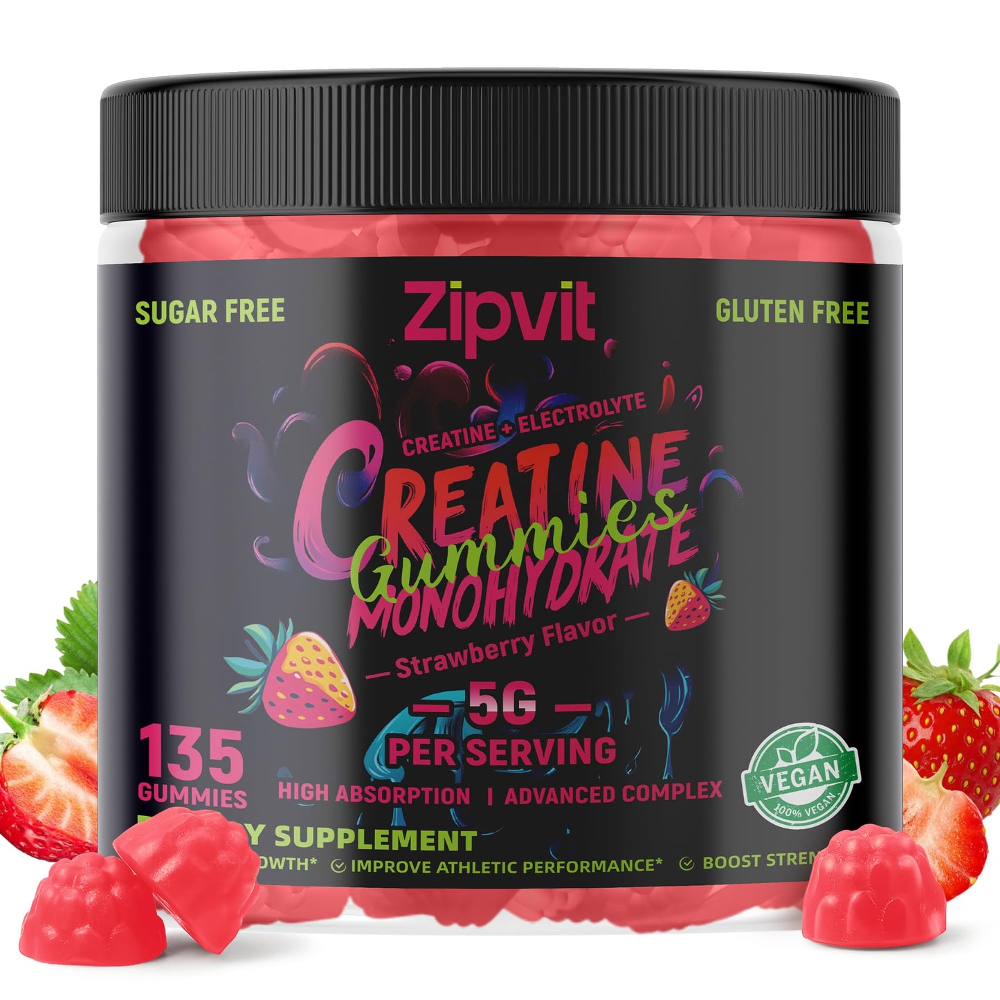 Zipvit Creatine Monohydrate Gummies (5g) – Pre-Workout Energy & Muscle Growth – Strawberry Electrolyte 135 Count