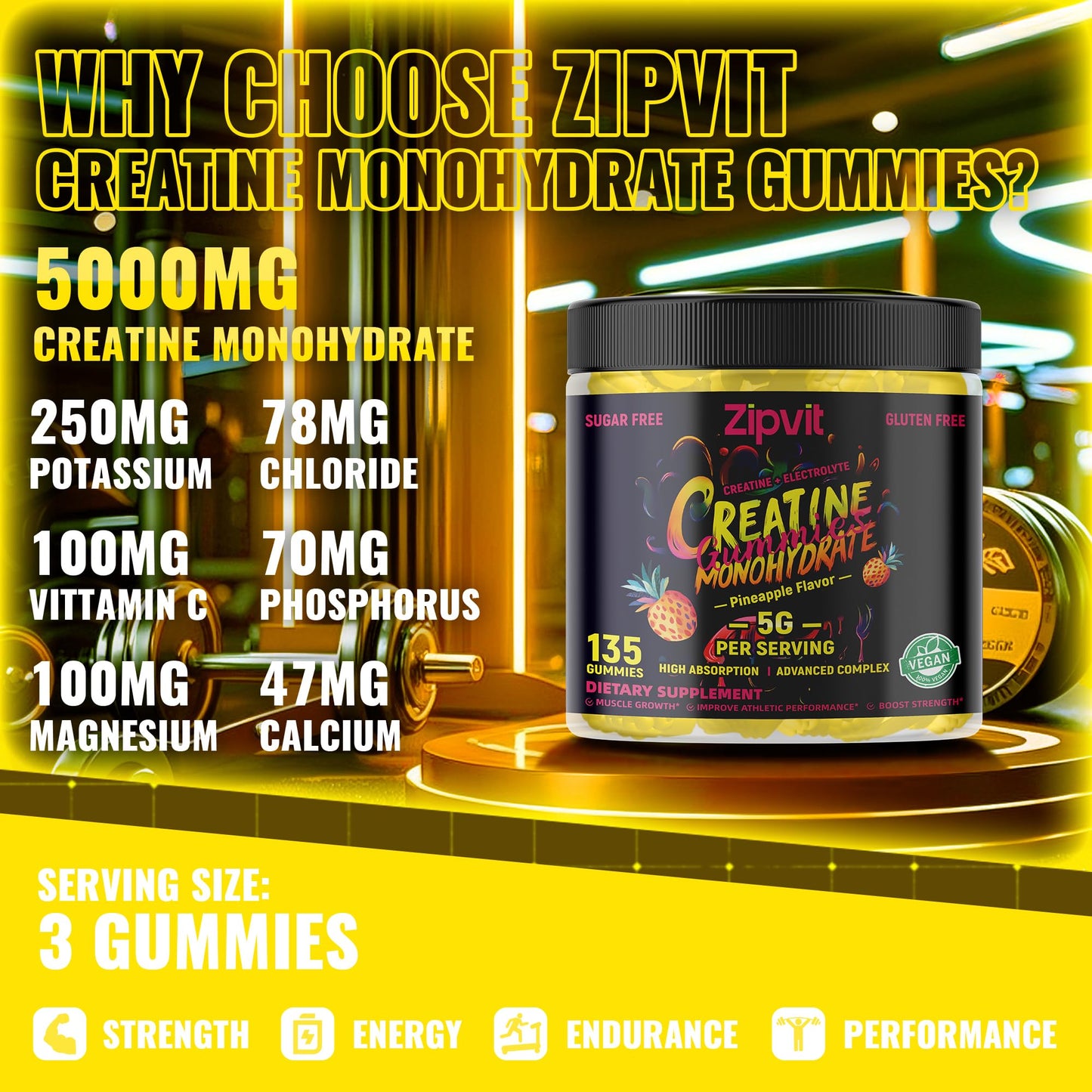 Zipvit Creatine Monohydrate Gummies (5g) – Pre-Workout Energy & Muscle Support for Men & Women (135 Count)