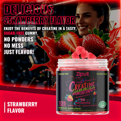 Zipvit Creatine Monohydrate Gummies (5g) – Pre-Workout Energy & Muscle Growth – Strawberry Electrolyte 135 Count