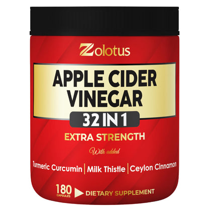 Zolotus 32-in-1 Apple Cider Vinegar Capsules with Turmeric, Cinnamon, Milk Thistle, Elderberry & Quercetin – Supports Digestion & Immune Health (180 Capsules)
