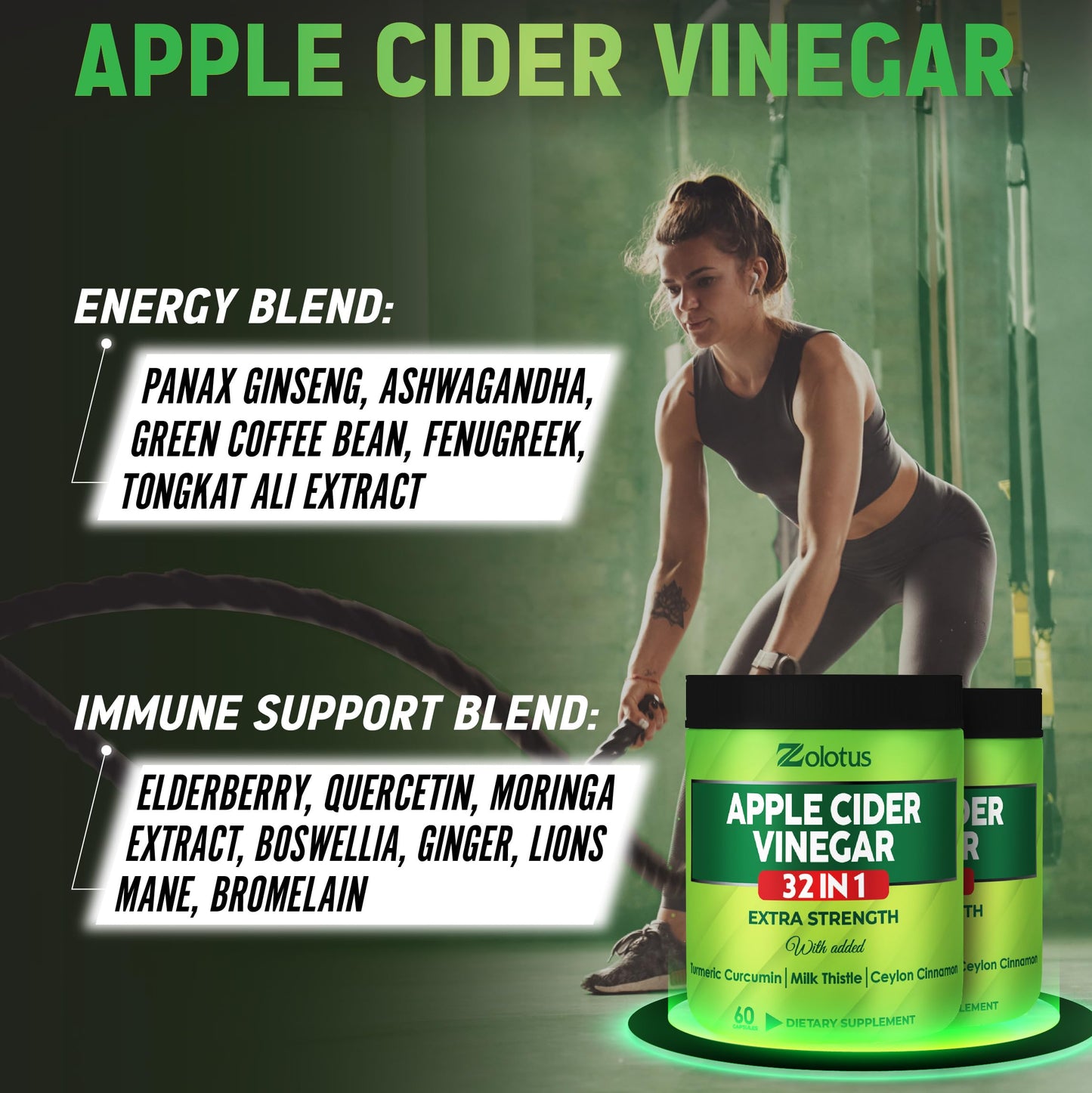 Zolotus Apple Cider Vinegar Capsules 32in1 - 60 Caps (2 Packs) with Turmeric Cinnamon Milk Thistle