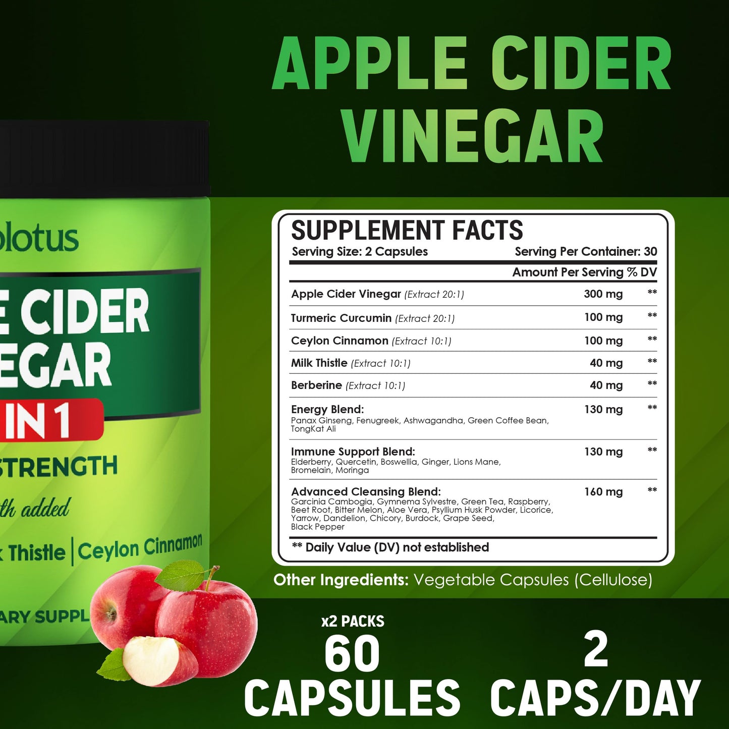 Zolotus Apple Cider Vinegar Capsules 32in1 - 60 Caps (2 Packs) with Turmeric Cinnamon Milk Thistle