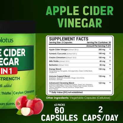 Zolotus Apple Cider Vinegar Capsules 32in1 - 60 Caps (2 Packs) with Turmeric Cinnamon Milk Thistle