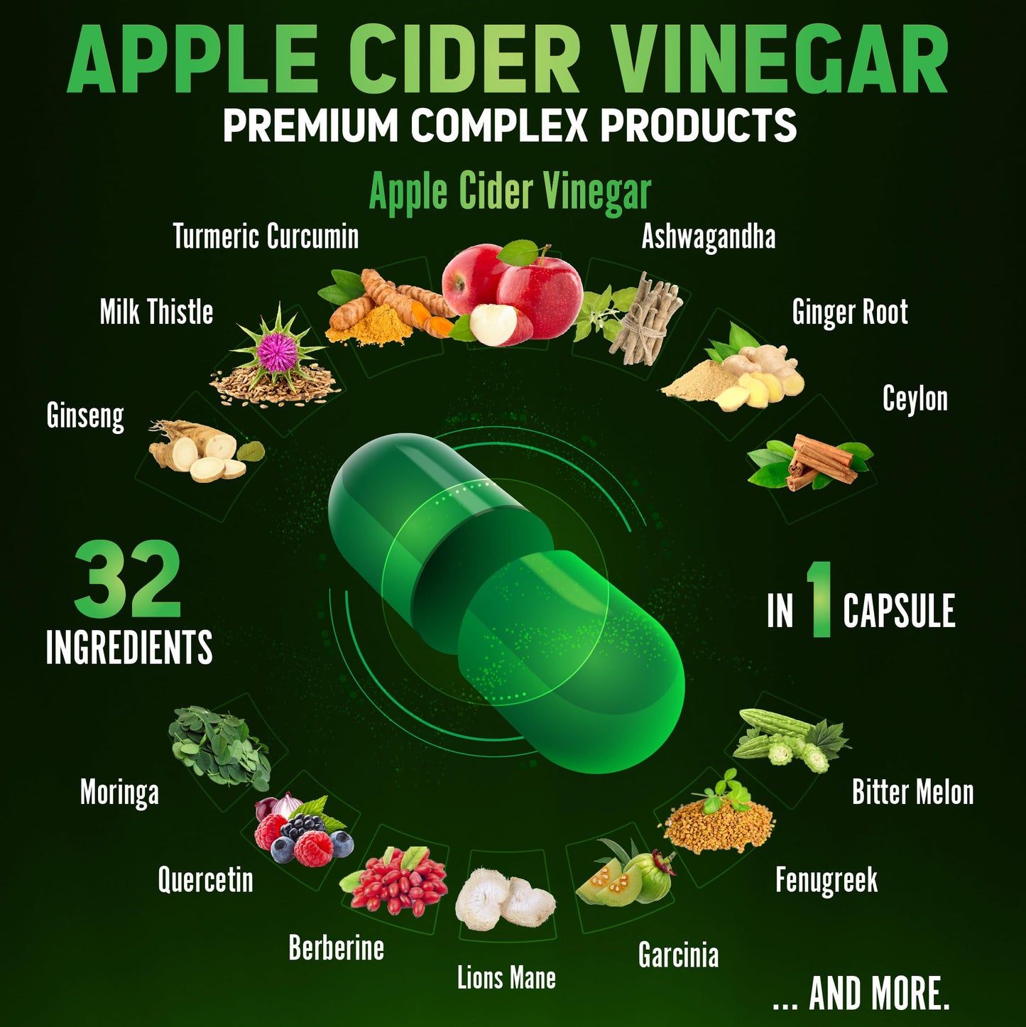 Zolotus Apple Cider Vinegar Capsules 32in1 - 60 Caps (2 Packs) with Turmeric Cinnamon Milk Thistle