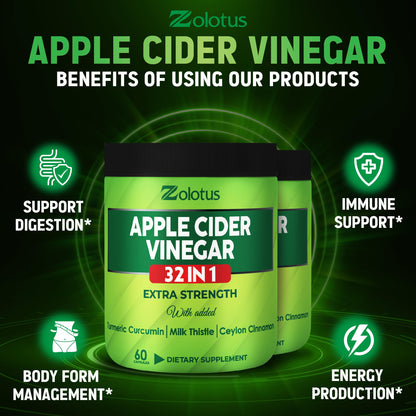Zolotus Apple Cider Vinegar Capsules 32in1 - 60 Caps (2 Packs) with Turmeric Cinnamon Milk Thistle
