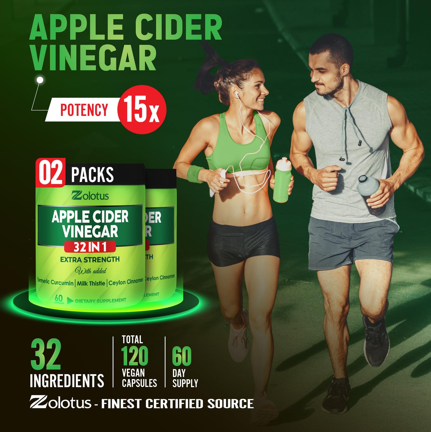 Zolotus Apple Cider Vinegar Capsules 32in1 - 60 Caps (2 Packs) with Turmeric Cinnamon Milk Thistle